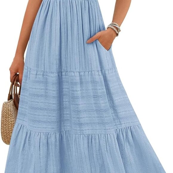 Women's 2025 Summer Flowy Midi Maxi Dress Short Sleeve Square Neck Smocked Tiere - Picture 1 of 7